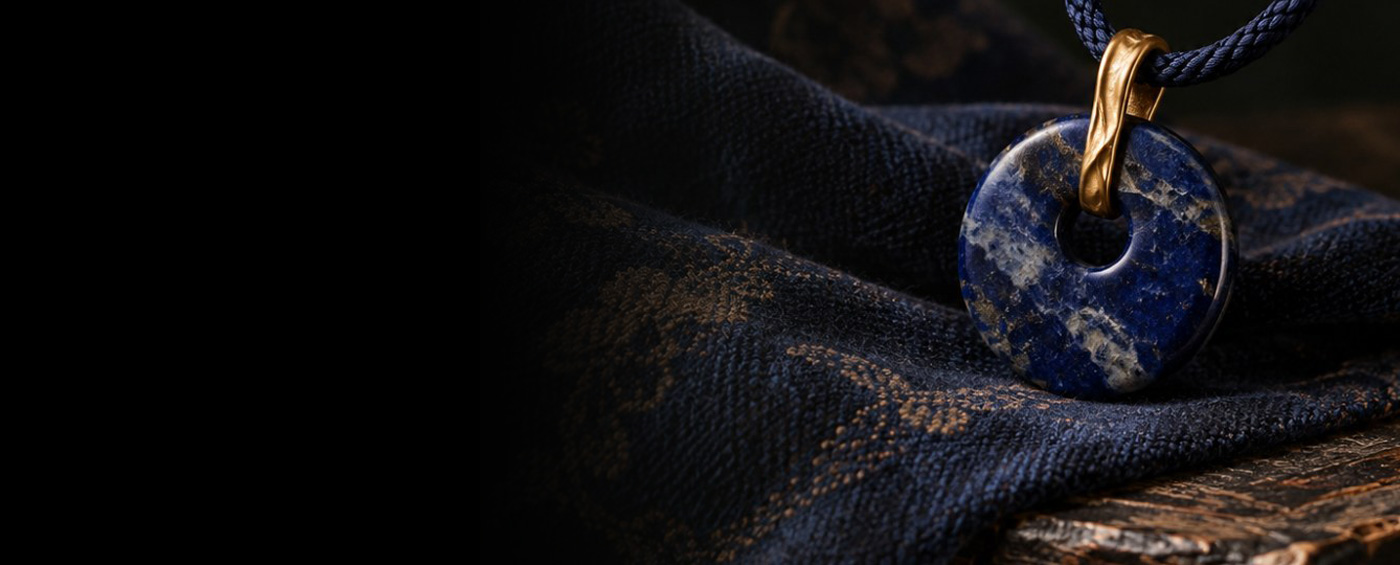 The Water pendant: a disc of lapis lazuli on a braided blue cord, resting on indigo silk.