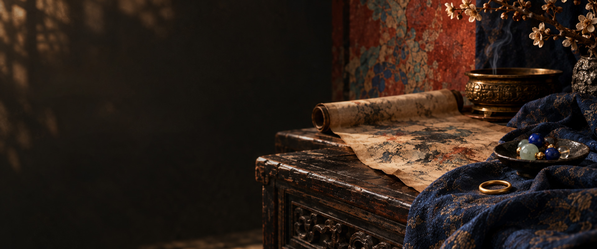 A low wooden table in warm light, with a painted scroll, a bronze incense bowl and jewelry on indigo silk.