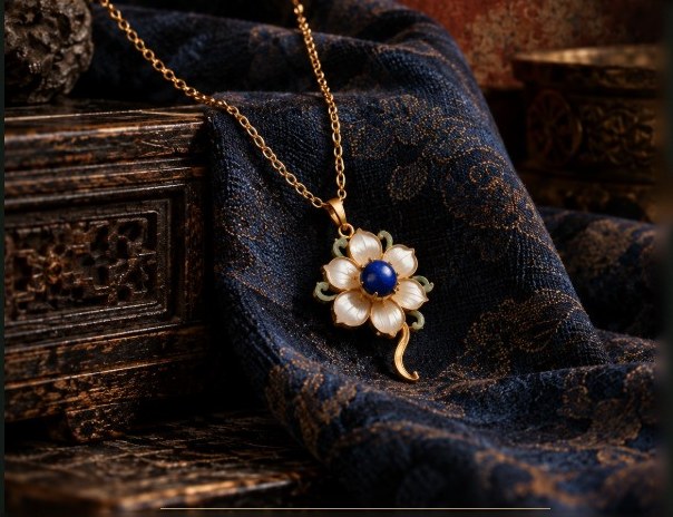 The piece photographed against indigo silk, with its height and width marked.