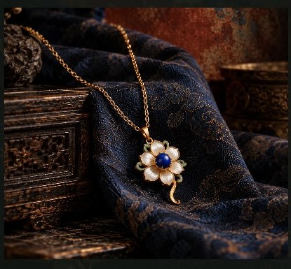 The Lotus Necklace on indigo silk, framed for the collection card.