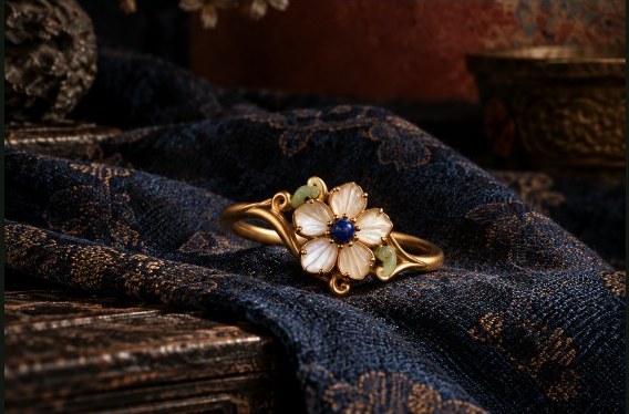 A gold ring set with a white enamel lotus and a deep blue centre, resting on indigo silk.