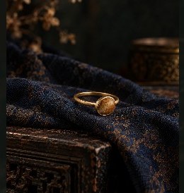 A gold ring with a softly domed setting, resting on blue silk.