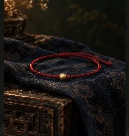 A red cord bracelet with a single gold bead, coiled on blue silk.