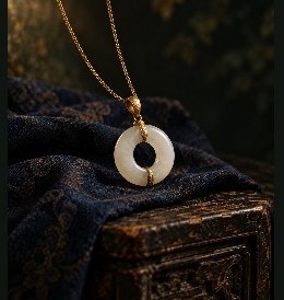 A white jade disc on a fine gold chain, resting on indigo silk.