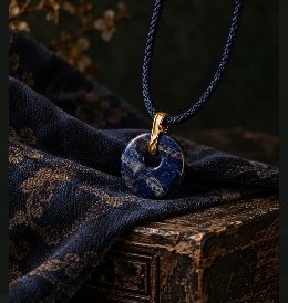 A lapis lazuli disc hung from a braided blue cord, resting on indigo silk.