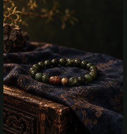 A bracelet of dark green jade beads on pale blue silk.