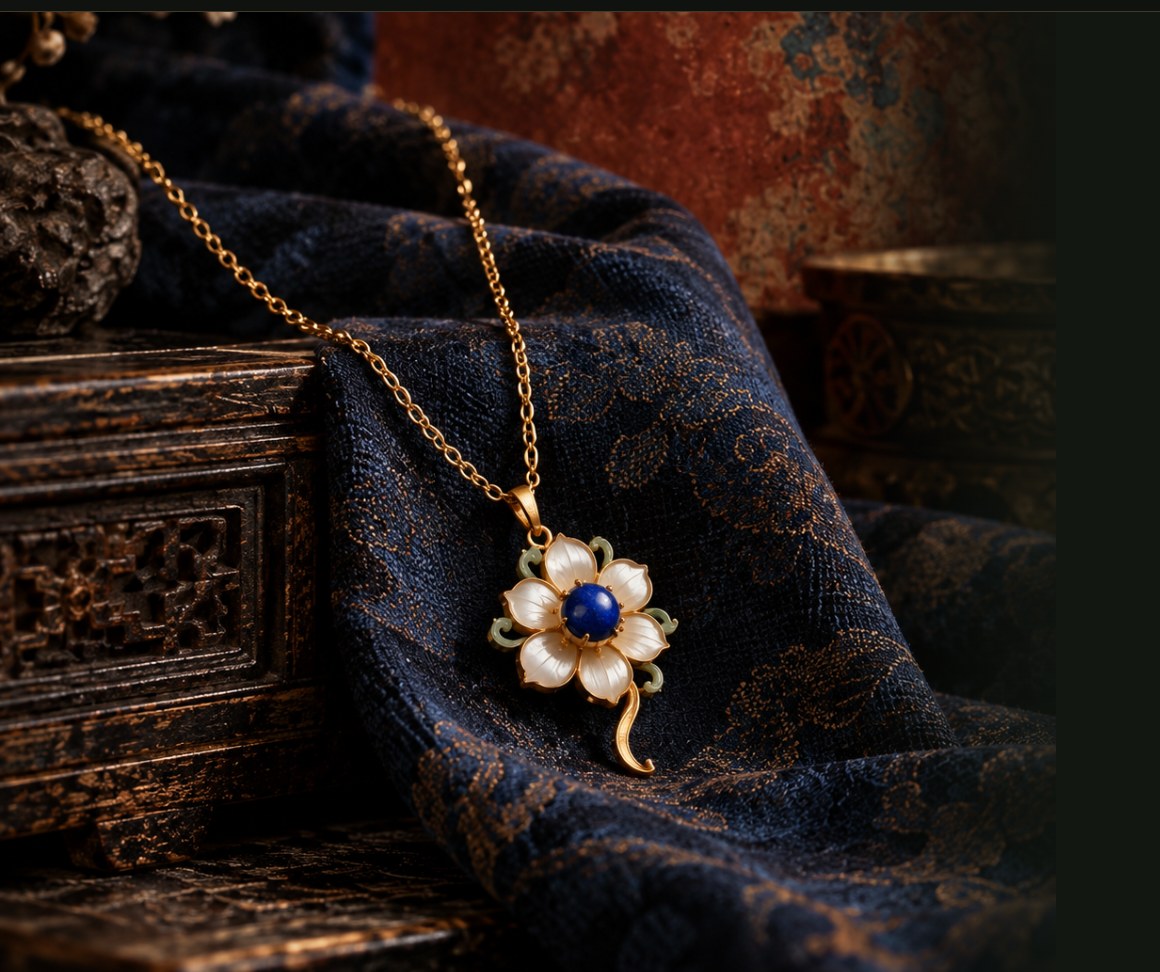 A gold chain holding a white enamel lotus with a deep blue centre, draped over a dark wooden box and indigo silk.